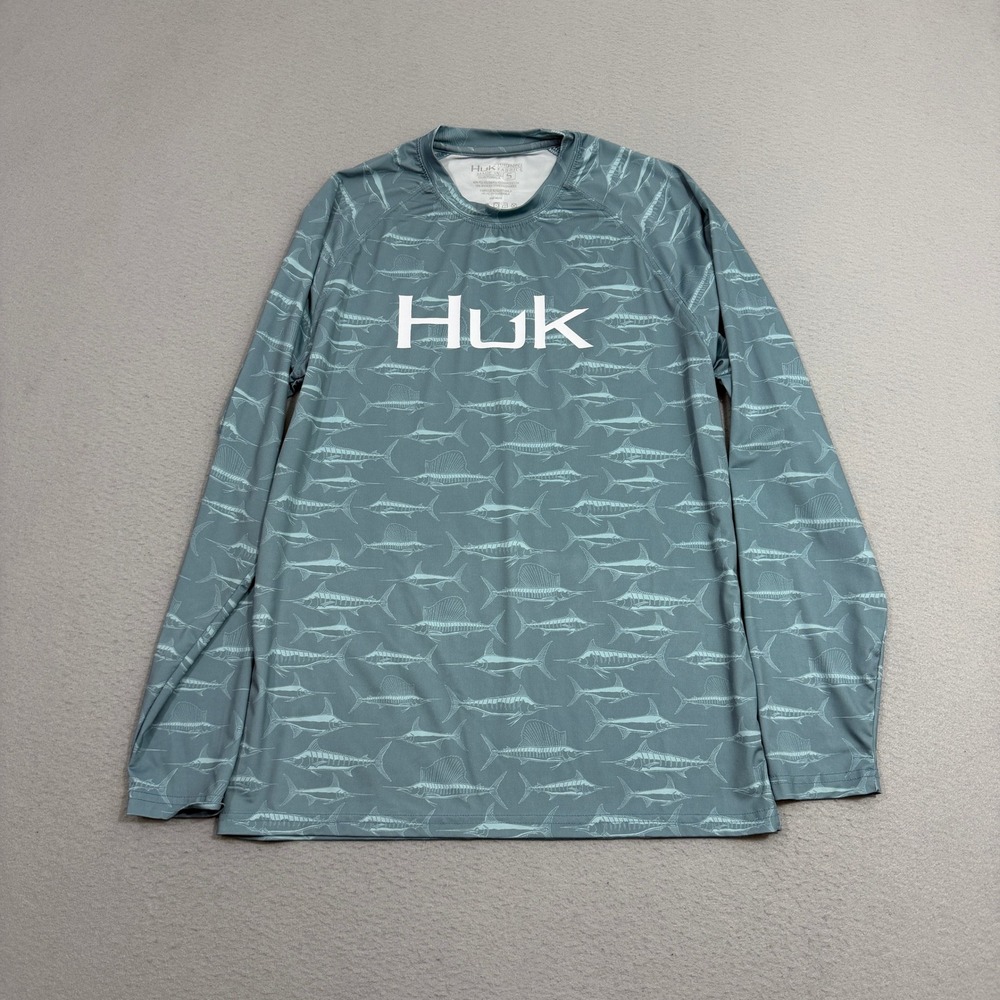 Huk Fishing Shirt Men's Small Pursuit Long Sleeve Marlin Fish Print Performance
